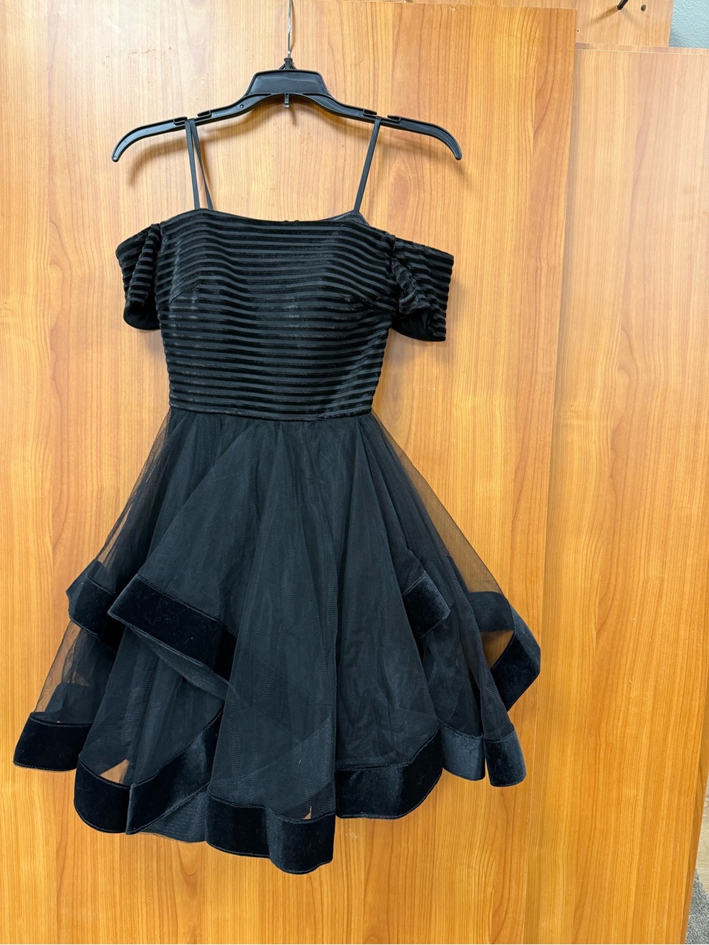 La Femme Black Off-Shoulder Tulle Party Dress for Girls